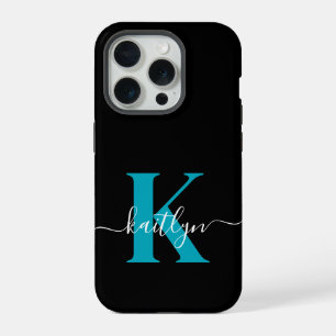 Moderne Zwarte Teal Script Monogram iPhone 15 Pro Case