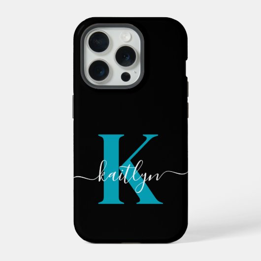 Moderne Zwarte Teal Script Monogram iPhone Hoesje (Achterkant)