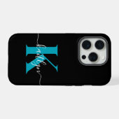 Moderne Zwarte Teal Script Monogram iPhone Hoesje (Achterkant horizontaal)