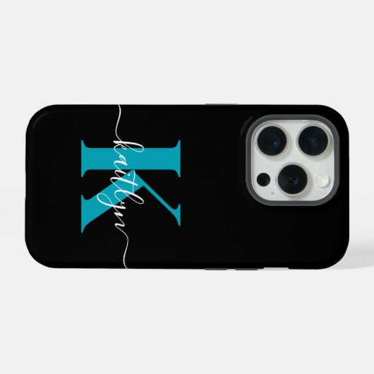 Moderne Zwarte Teal Script Monogram iPhone Hoesje (Achterkant horizontaal)