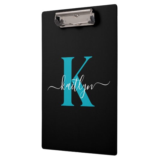 Moderne Zwarte Teal Script Monogram Klembord (Links)