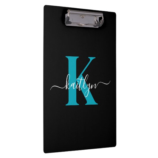 Moderne Zwarte Teal Script Monogram Klembord (Rechts)