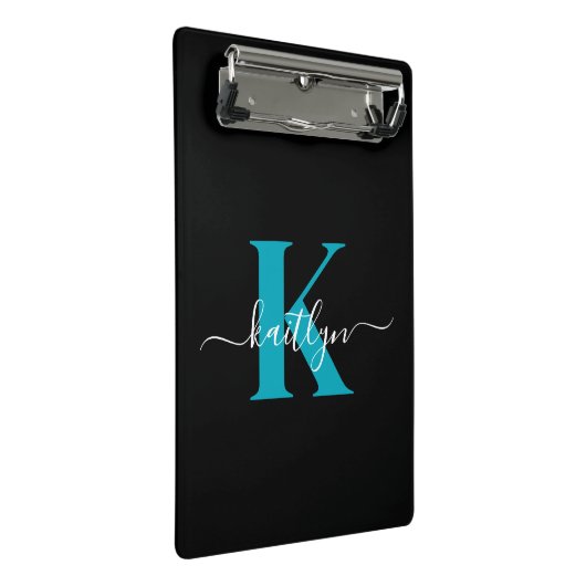Moderne Zwarte Teal Script Monogram Mini Klembord (Schuin)