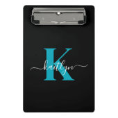 Moderne Zwarte Teal Script Monogram Mini Klembord (Voorkant)