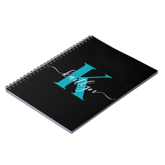 Moderne Zwarte Teal Script Monogram Notitieboek (Linkerzijde)