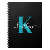 Moderne Zwarte Teal Script Monogram Notitieboek (Voorkant)