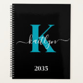 Moderne Zwarte Teal Script Monogram Planner (Voorkant)