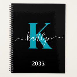 Moderne Zwarte Teal Script Monogram Planner