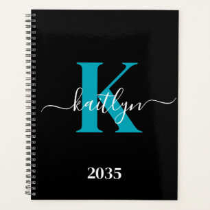 Moderne Zwarte Teal Script Monogram Planner
