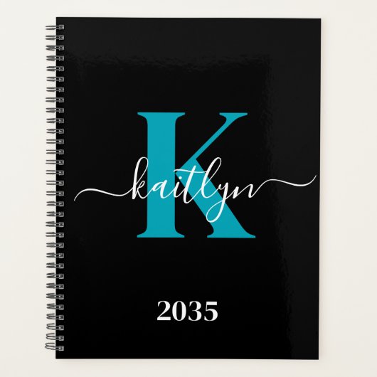 Moderne Zwarte Teal Script Monogram Planner (Voorkant)