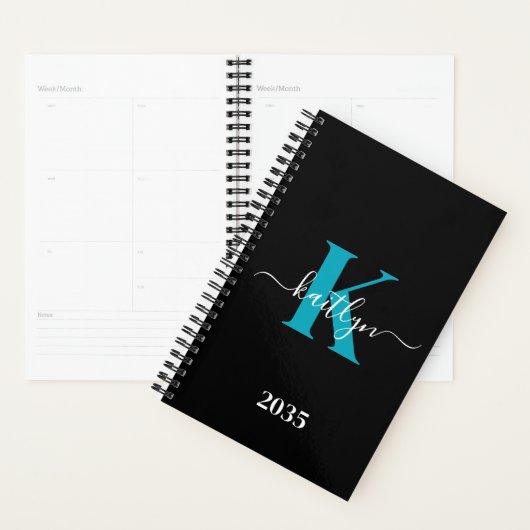 Moderne Zwarte Teal Script Monogram Planner (Display)