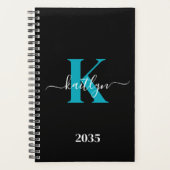 Moderne Zwarte Teal Script Monogram Planner (Voorkant)