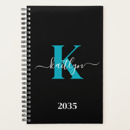 Moderne Zwarte Teal Script Monogram Planner