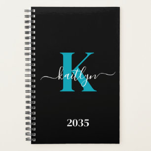 Moderne Zwarte Teal Script Monogram Planner