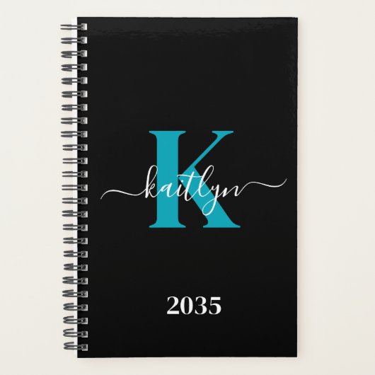 Moderne Zwarte Teal Script Monogram Planner (Voorkant)