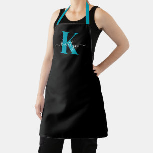 Moderne Zwarte Teal Script Monogram Schort