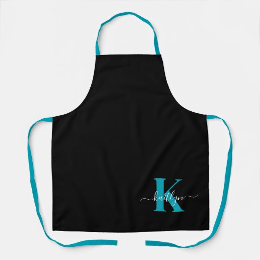 Moderne Zwarte Teal Script Monogram Schort (Voorkant)