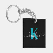 Moderne Zwarte Teal Script Monogram Sleutelhanger (Voorkant Links)