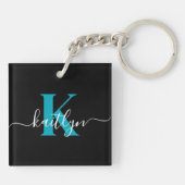 Moderne Zwarte Teal Script Monogram Sleutelhanger (Achterkant)