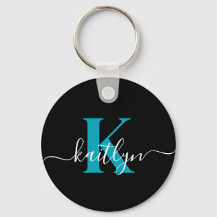 Moderne Zwarte Teal Script Monogram Sleutelhanger