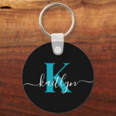 Moderne Zwarte Teal Script Monogram Sleutelhanger (Voorkant)