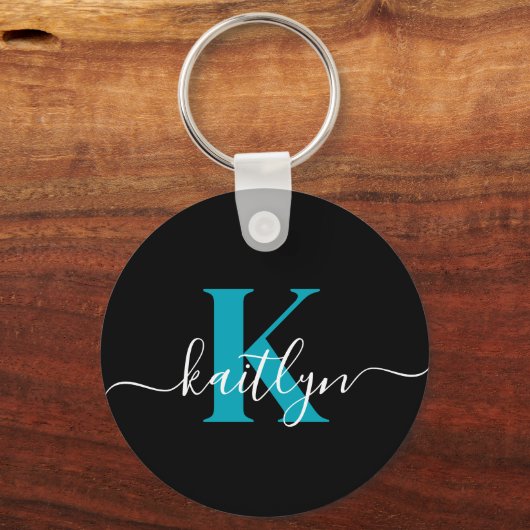 Moderne Zwarte Teal Script Monogram Sleutelhanger (Voorkant)