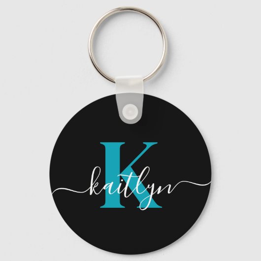Moderne Zwarte Teal Script Monogram Sleutelhanger (Achterkant)