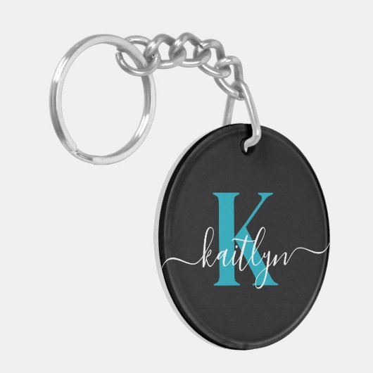 Moderne Zwarte Teal Script Monogram Sleutelhanger (Voorkant Links)