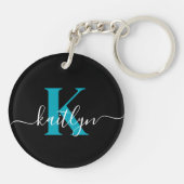 Moderne Zwarte Teal Script Monogram Sleutelhanger (Achterkant)