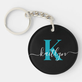 Moderne Zwarte Teal Script Monogram Sleutelhanger