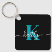 Moderne Zwarte Teal Script Monogram Sleutelhanger (Voorkant)