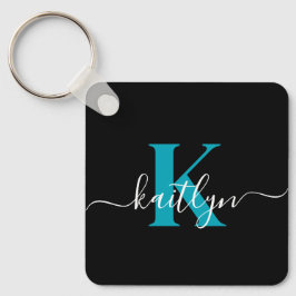 Moderne Zwarte Teal Script Monogram Sleutelhanger