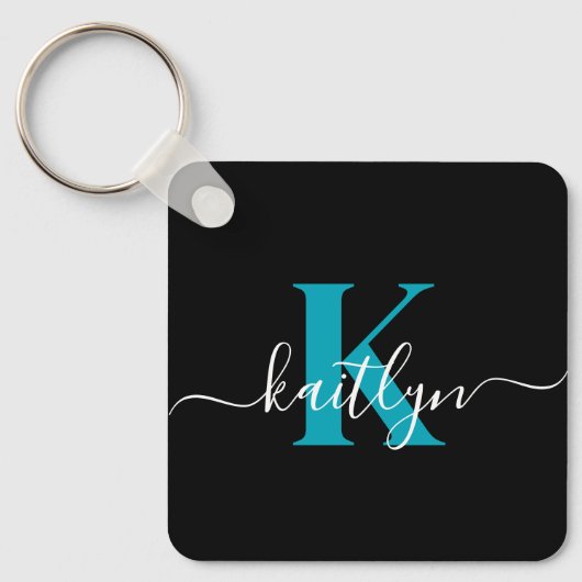 Moderne Zwarte Teal Script Monogram Sleutelhanger (Voorkant)