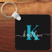 Moderne Zwarte Teal Script Monogram Sleutelhanger (Voorkant)