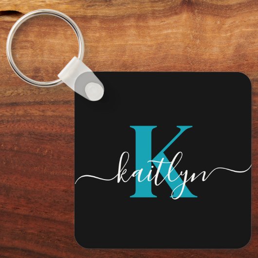 Moderne Zwarte Teal Script Monogram Sleutelhanger (Voorkant)