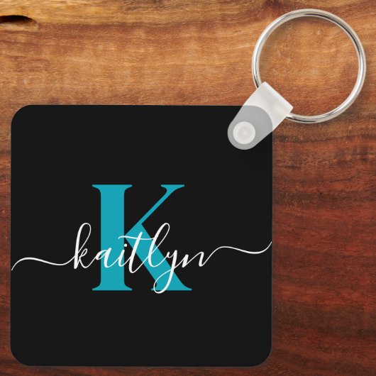 Moderne Zwarte Teal Script Monogram Sleutelhanger (Achterkant)