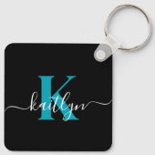 Moderne Zwarte Teal Script Monogram Sleutelhanger (Achterkant)