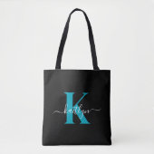 Moderne Zwarte Teal Script Monogram Tote Bag (Voorkant)