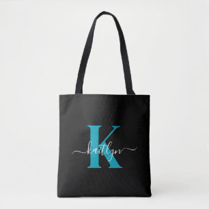 Moderne Zwarte Teal Script Monogram Tote Bag