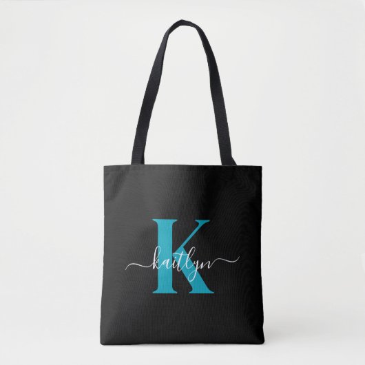 Moderne Zwarte Teal Script Monogram Tote Bag (Voorkant)