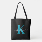 Moderne Zwarte Teal Script Monogram Tote Bag (Achterkant)