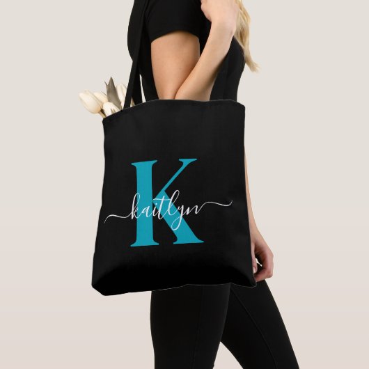 Moderne Zwarte Teal Script Monogram Tote Bag (Dichtbij)