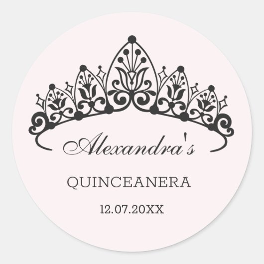 Moderne zwarte tiara Quinceanera Ronde Sticker (Voorkant)