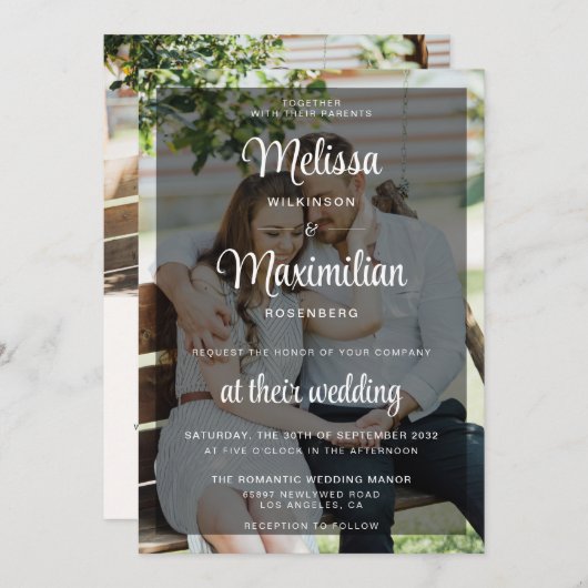 Moderne zwarte transparante foto-QR-code RSVP Kaart (Voorkant / Achterkant)