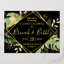 Moderne Zwarte Tropische Bruiloftsbrunch & Bubbly Folie Uitnodiging Briefkaart
