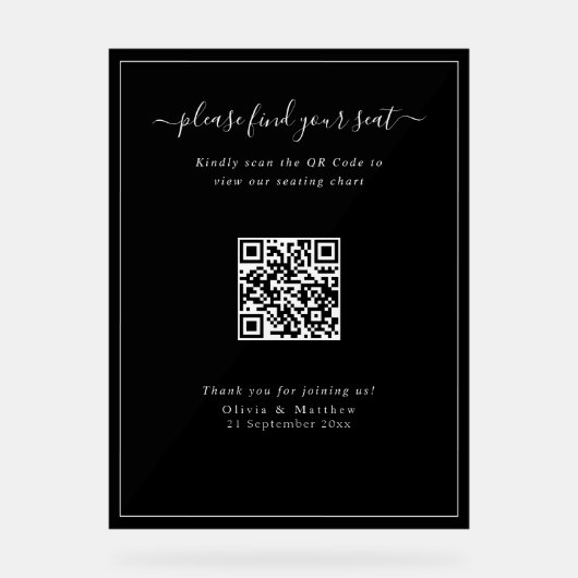 Moderne Zwarte Trouw QR Code Stoelenplattegrond Ac Acryl Bord (Voorkant)