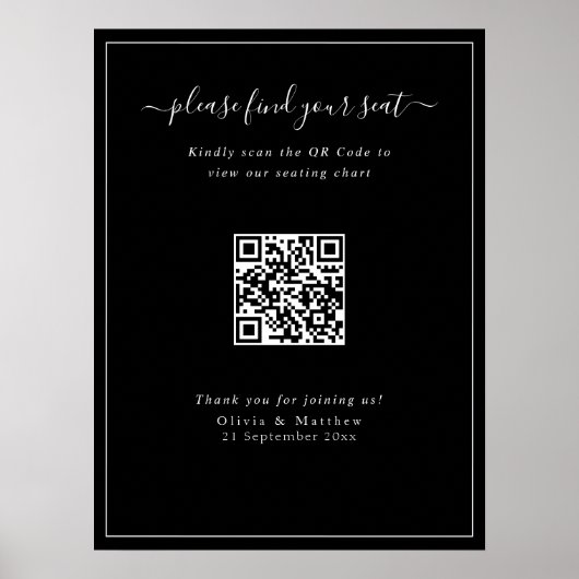 Moderne Zwarte Trouw QR Code Zitplaats Chart Poste Poster (Voorkant)