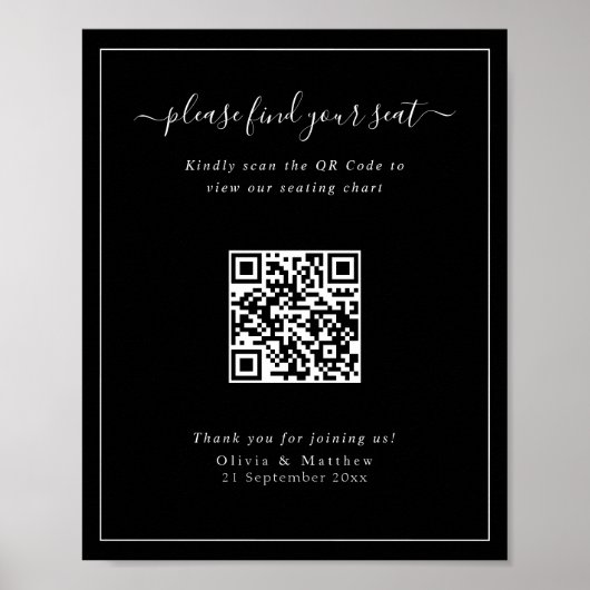 Moderne Zwarte Trouw QR Code zitplaatskaart poster (Voorkant)