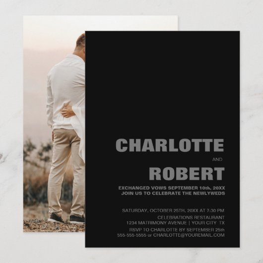 Moderne Zwarte Trouwreceptie Kaart (Voorkant / Achterkant)