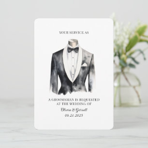 Moderne Zwarte Tuxedo Waterverf Groomsman Kaart